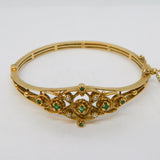 9ct Yellow Gold, Emerald & Seed Pearl Floral Bangle Bracelet Vintage London