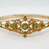 9ct Yellow Gold, Emerald & Seed Pearl Floral Bangle Bracelet Vintage London