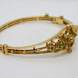 9ct Yellow Gold, Emerald & Seed Pearl Floral Bangle Bracelet Vintage London