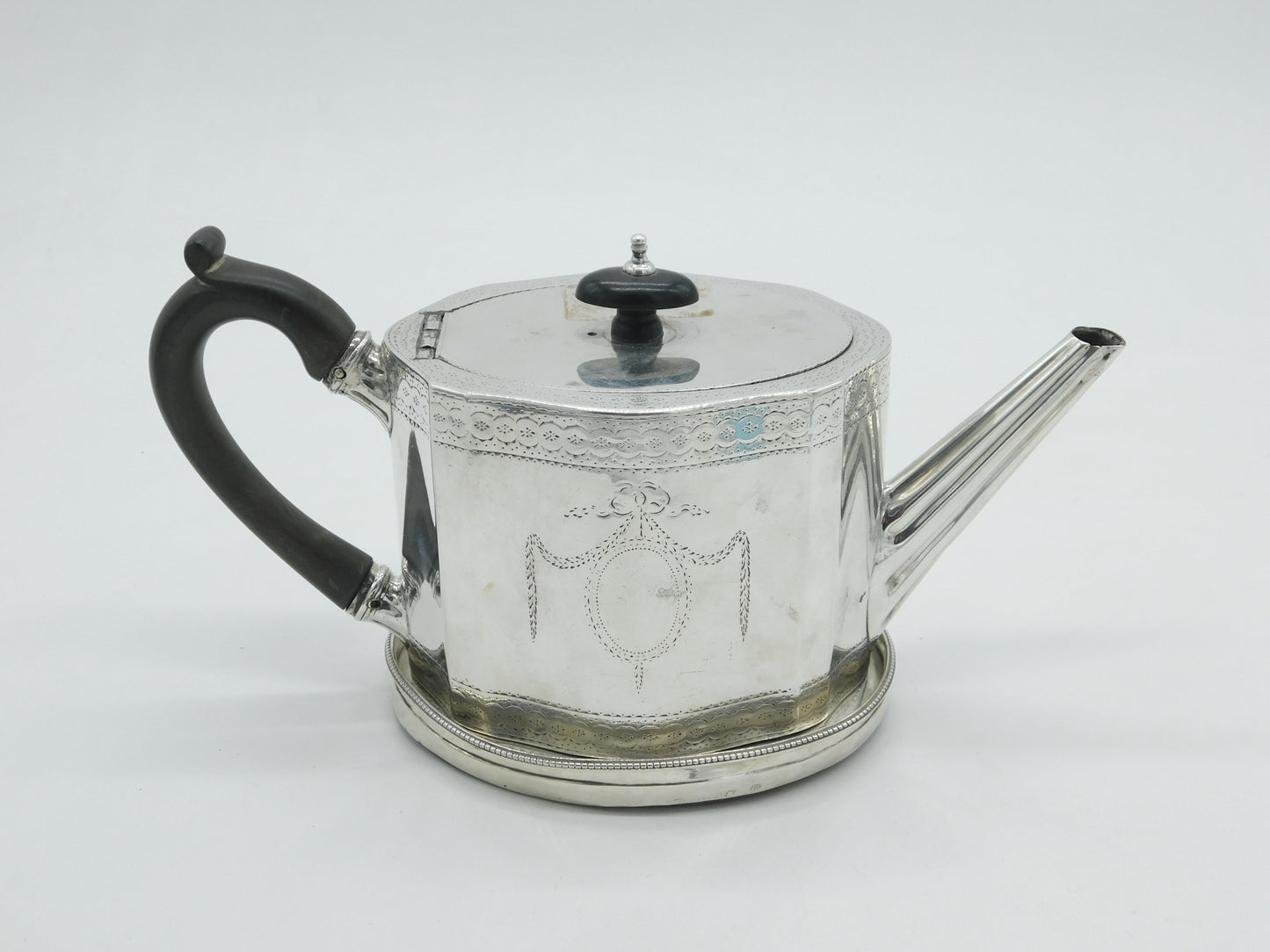 George III Sterling Silver Bright Cut Teapot & Stand Antique 1780 London