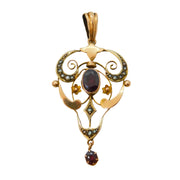 Edwardian 9ct Gold, Garnet & Seed Pearl Lavalier Drop Pendant Antique c1910