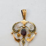 Edwardian 9ct Gold, Garnet & Seed Pearl Lavalier Drop Pendant Antique c1910