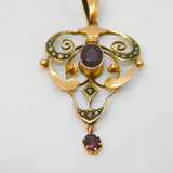 Edwardian 9ct Gold, Garnet & Seed Pearl Lavalier Drop Pendant Antique c1910