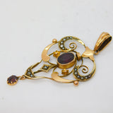Edwardian 9ct Gold, Garnet & Seed Pearl Lavalier Drop Pendant Antique c1910