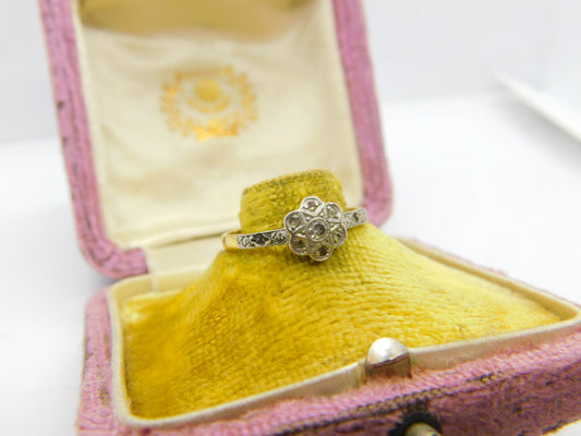 Victorian 18ct Yellow Gold Diamond Set Daisy Cluster Ring Antique c1890