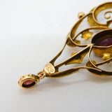 Edwardian 9ct Gold, Garnet & Seed Pearl Lavalier Drop Pendant Antique c1910