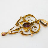 Edwardian 9ct Gold, Garnet & Seed Pearl Lavalier Drop Pendant Antique c1910
