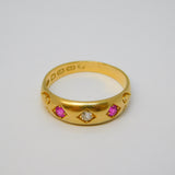 Victorian 18ct Yellow Gold, Diamond & Ruby Boat Ring Antique 1892 Birmingham