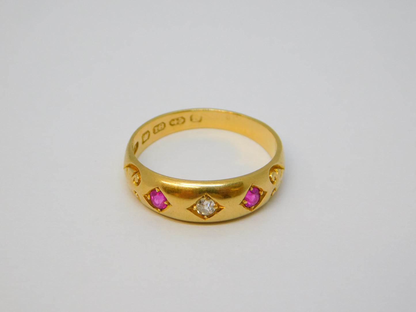 Victorian 18ct Yellow Gold, Diamond & Ruby Boat Ring Antique 1892 Birmingham
