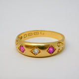Victorian 18ct Yellow Gold, Diamond & Ruby Boat Ring Antique 1892 Birmingham