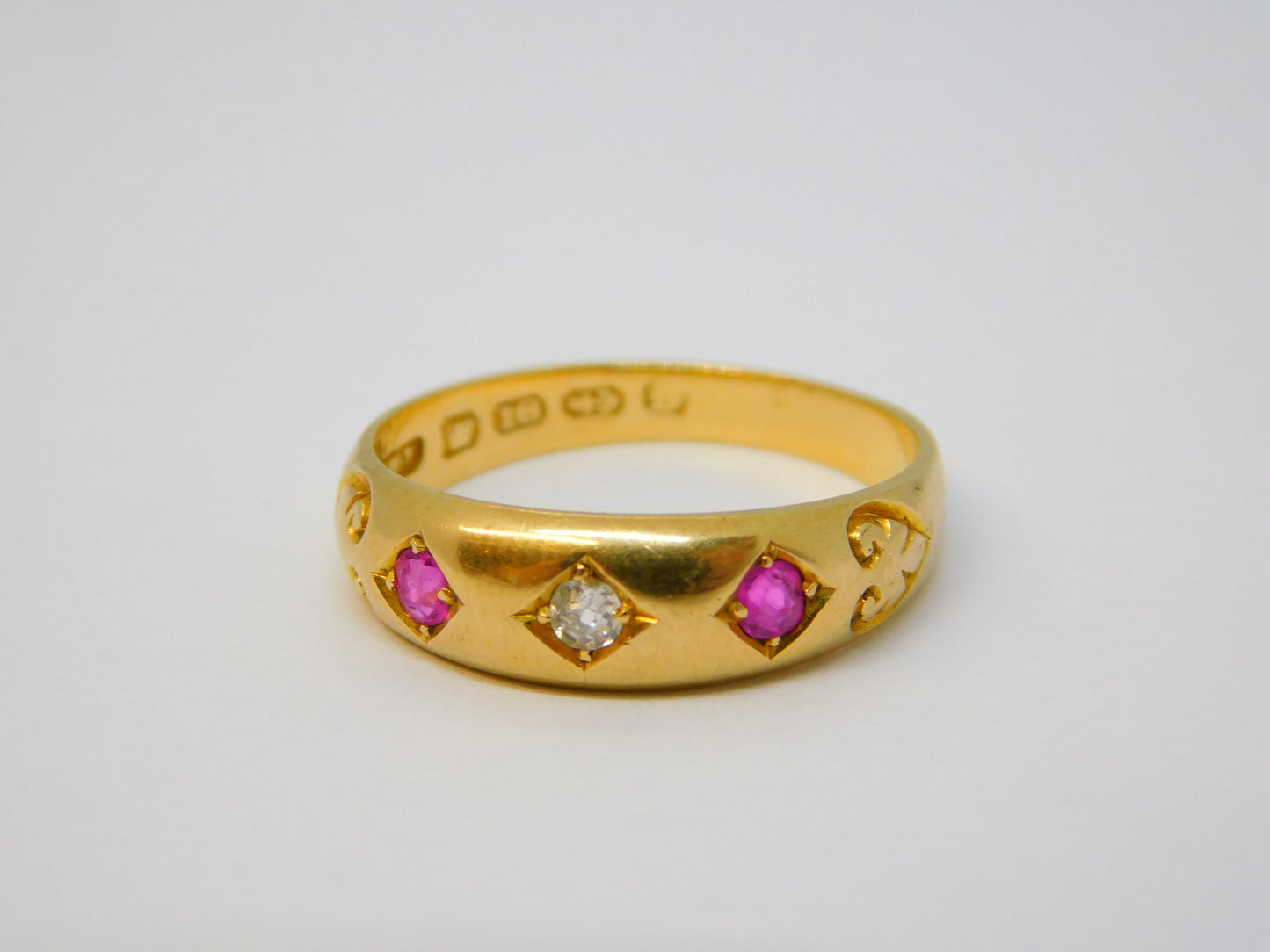 Victorian 18ct Yellow Gold, Diamond & Ruby Boat Ring Antique 1892 Birmingham