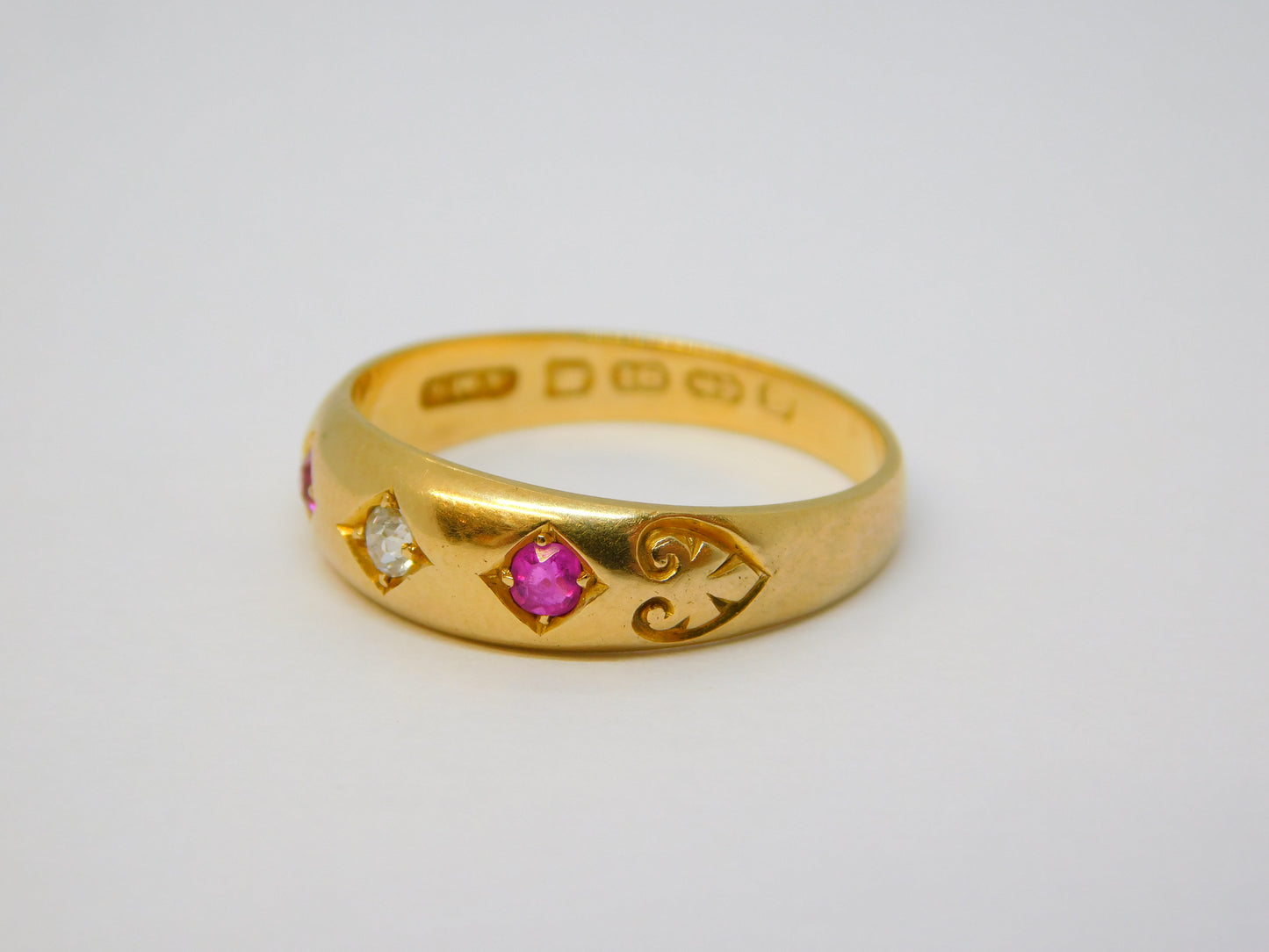 Victorian 18ct Yellow Gold, Diamond & Ruby Boat Ring Antique 1892 Birmingham