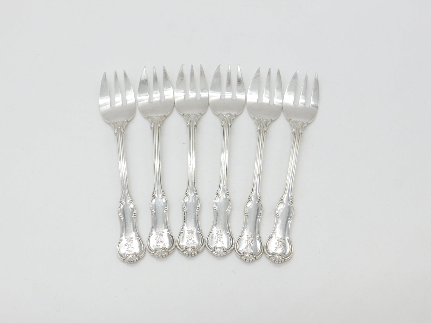 Edwardian Set of Six Sterling Silver Crested Oyster Forks 1908 London Antique