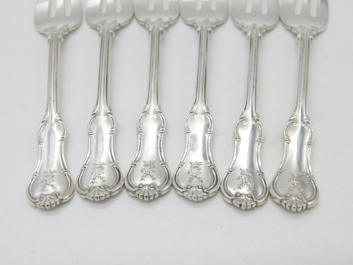 Edwardian Set of Six Sterling Silver Crested Oyster Forks 1908 London Antique