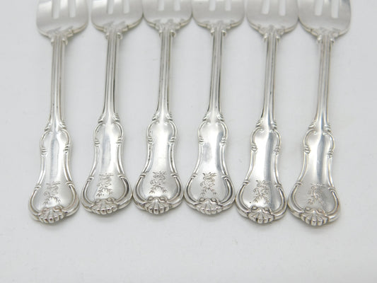 Edwardian Set of Six Sterling Silver Crested Oyster Forks 1908 London Antique