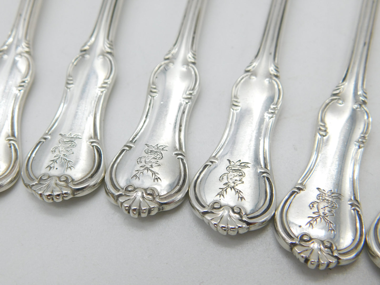 Edwardian Set of Six Sterling Silver Crested Oyster Forks 1908 London Antique