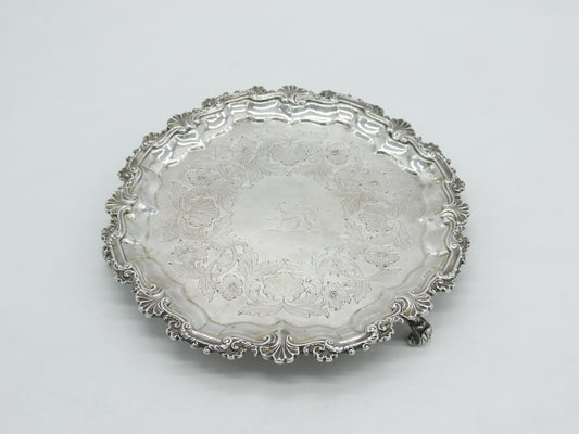 George III Sterling Silver Lion Crest Floral Salver Dish Antique 1786 London