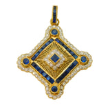 18ct Yellow Gold, Square-Cut Sapphire & Diamond Floral Drop Pendant Vintage