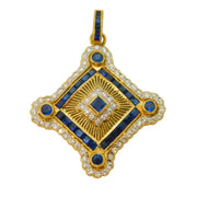 18ct Yellow Gold, Square-Cut Sapphire & Diamond Floral Drop Pendant Vintage
