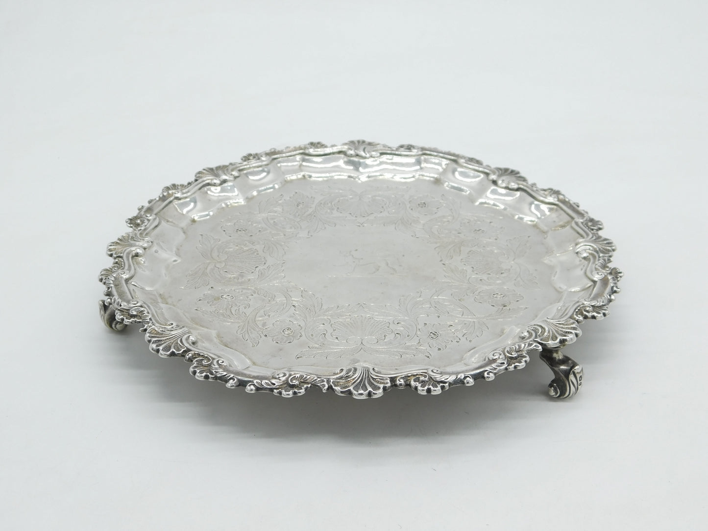 George III Sterling Silver Lion Crest Floral Salver Dish Antique 1786 London