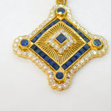 18ct Yellow Gold, Square-Cut Sapphire & Diamond Floral Drop Pendant Vintage