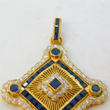 18ct Yellow Gold, Square-Cut Sapphire & Diamond Floral Drop Pendant Vintage