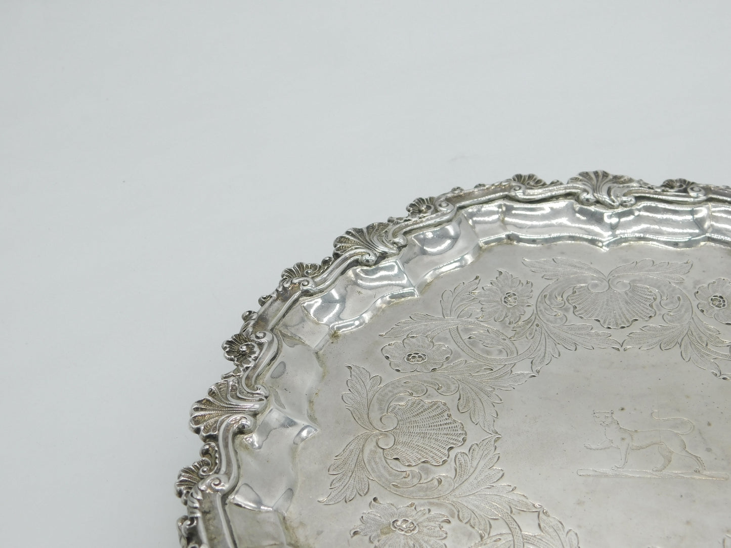 George III Sterling Silver Lion Crest Floral Salver Dish Antique 1786 London
