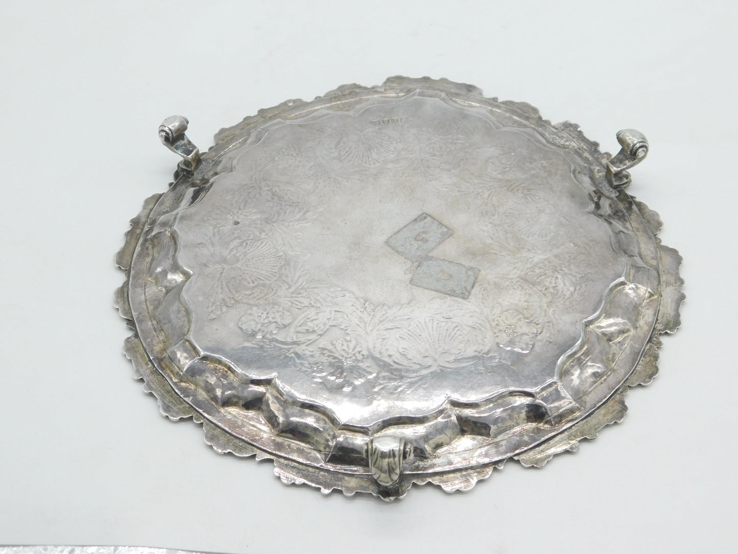 George III Sterling Silver Lion Crest Floral Salver Dish Antique 1786 London
