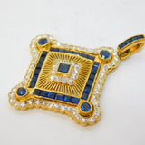 18ct Yellow Gold, Square-Cut Sapphire & Diamond Floral Drop Pendant Vintage