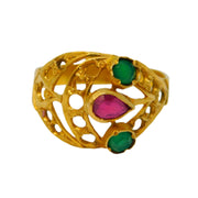 Indian 22ct Yellow Gold, Ruby & Emerald Floral Ring Antique c1920 Art Deco