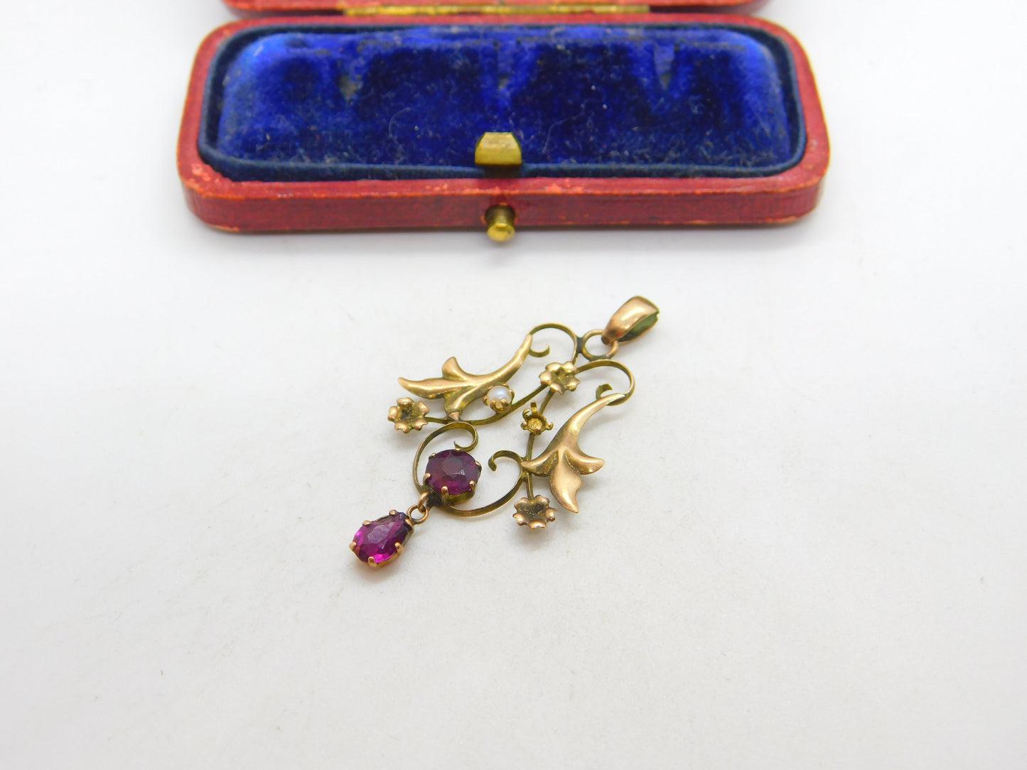 Edwardian 9ct Yellow Gold, Seed Pearl & Amethyst Lavalier Drop Pendant c1910