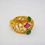 Indian 22ct Yellow Gold, Ruby & Emerald Floral Ring Antique c1920 Art Deco