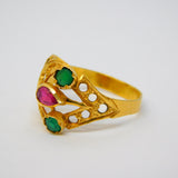 Indian 22ct Yellow Gold, Ruby & Emerald Floral Ring Antique c1920 Art Deco