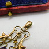 Edwardian 9ct Yellow Gold, Seed Pearl & Amethyst Lavalier Drop Pendant c1910