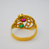 Indian 22ct Yellow Gold, Ruby & Emerald Floral Ring Antique c1920 Art Deco