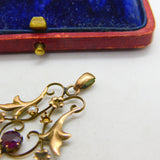 Edwardian 9ct Yellow Gold, Seed Pearl & Amethyst Lavalier Drop Pendant c1910