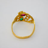 Indian 22ct Yellow Gold, Ruby & Emerald Floral Ring Antique c1920 Art Deco