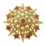 9ct Gold, Garnet & Seed Pearl Edwardian Style Starburst Brooch Vintage London