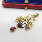 Edwardian 9ct Yellow Gold, Seed Pearl & Amethyst Lavalier Drop Pendant c1910