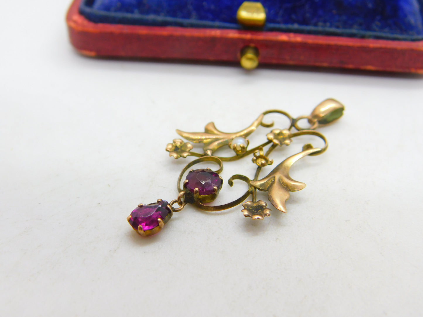 Edwardian 9ct Yellow Gold, Seed Pearl & Amethyst Lavalier Drop Pendant c1910