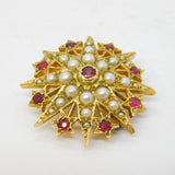 9ct Gold, Garnet & Seed Pearl Edwardian Style Starburst Brooch Vintage London