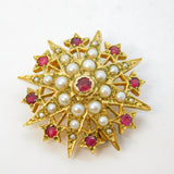 9ct Gold, Garnet & Seed Pearl Edwardian Style Starburst Brooch Vintage London