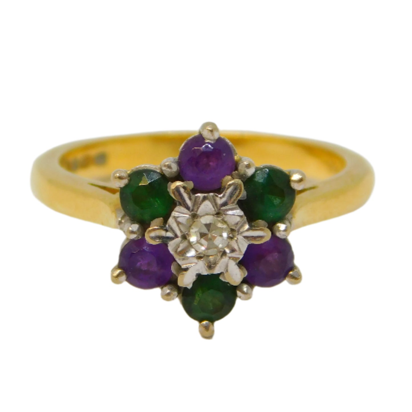 18ct Gold, Emerald, Amethyst & Diamond Suffragette Cluster Ring Vintage London