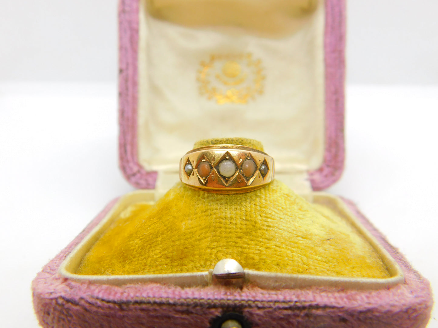 Victorian 15ct Yellow Gold, Seed Pearl & Coral Boat Ring 1886 Chester Antique