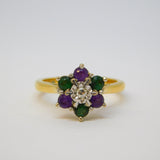 18ct Gold, Emerald, Amethyst & Diamond Suffragette Cluster Ring Vintage London