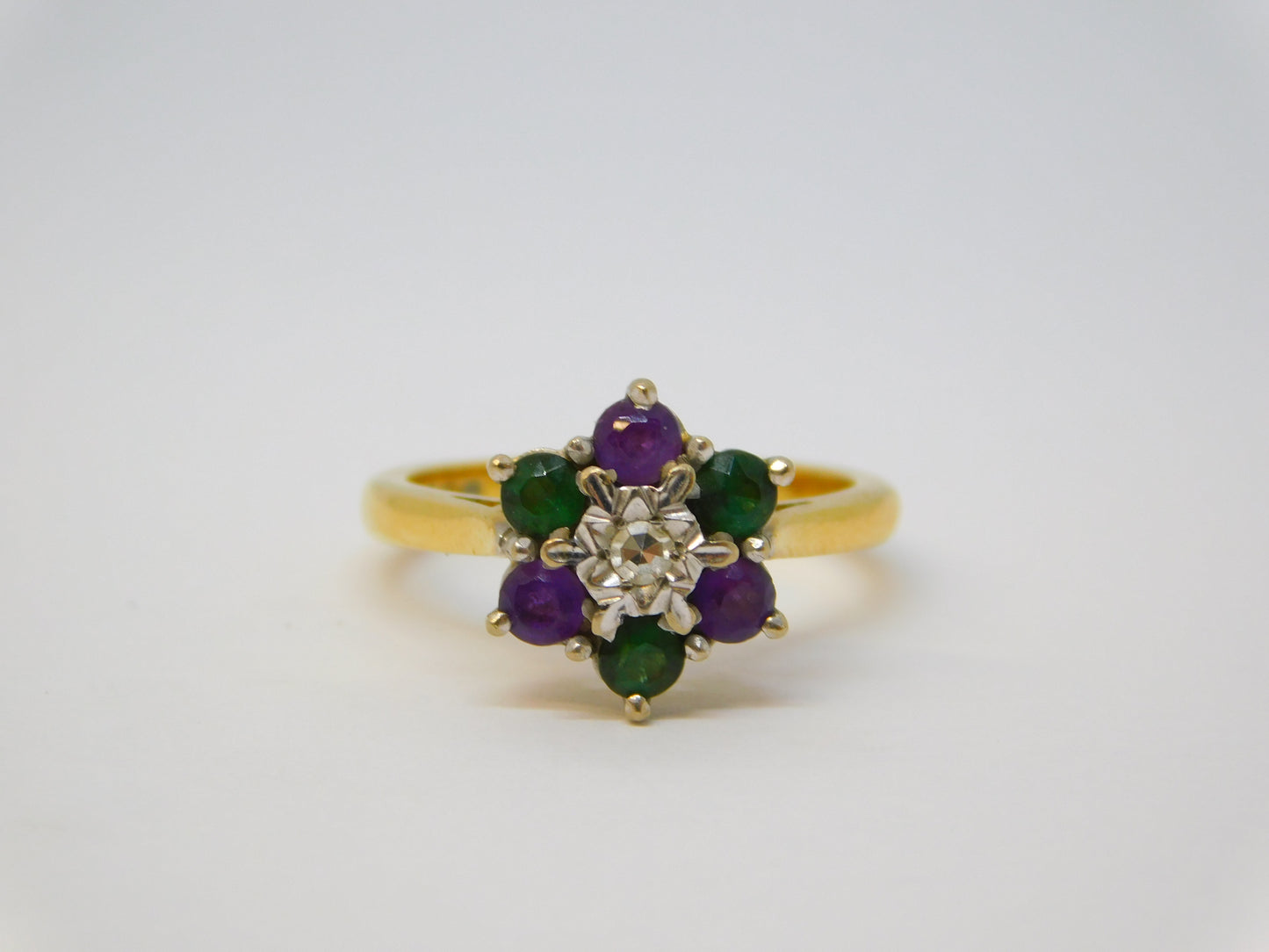 18ct Gold, Emerald, Amethyst & Diamond Suffragette Cluster Ring Vintage London