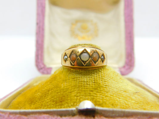 Victorian 15ct Yellow Gold, Seed Pearl & Coral Boat Ring 1886 Chester Antique