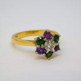 18ct Gold, Emerald, Amethyst & Diamond Suffragette Cluster Ring Vintage London