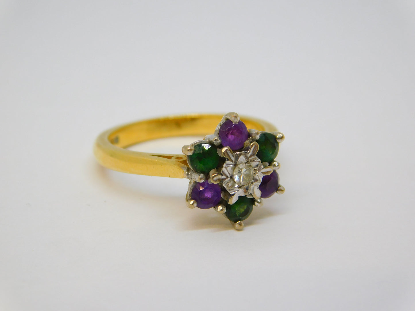 18ct Gold, Emerald, Amethyst & Diamond Suffragette Cluster Ring Vintage London