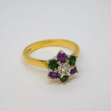 18ct Gold, Emerald, Amethyst & Diamond Suffragette Cluster Ring Vintage London